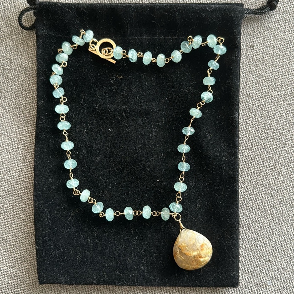 Handmade aquamarine and rutilated quartz with gold filled wire necklace 16”
